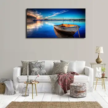 Plátno na Stenu Umenie Čln Blue Lake Vody západ Slnka Panoramatický Obraz - Dlhý náučný Plátno umelecké Diela , Pripravený na Zavesenie Drop shipping