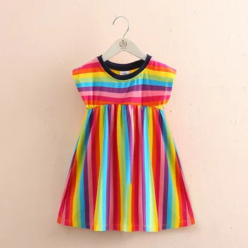 Baby Šaty 2021 Lete Nové Dievčenské Oblečenie Detí Farebné Pruhy bez Rukávov Šaty okolo Krku