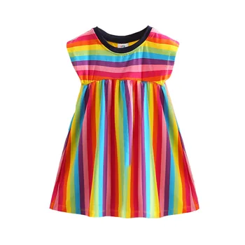 Baby Šaty 2021 Lete Nové Dievčenské Oblečenie Detí Farebné Pruhy bez Rukávov Šaty okolo Krku