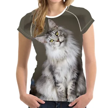Roztomilý 3D Maine Coon Mačka Tlače Dievča Leta T-shirts Bežné Streatwear Ženy Krátke Rukáv Top Tees Harajuku T Tričko