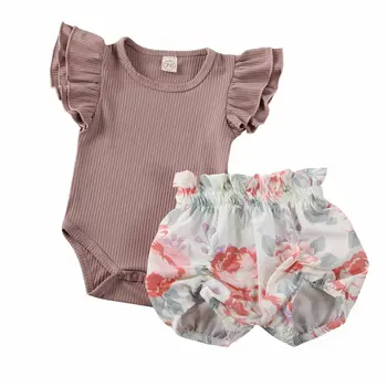 Letné Roztomilý Batoľa, Dieťa Dievča Oblečenie Volánikmi Rukáv Romper+Šortky Kvetinové Oblečenie