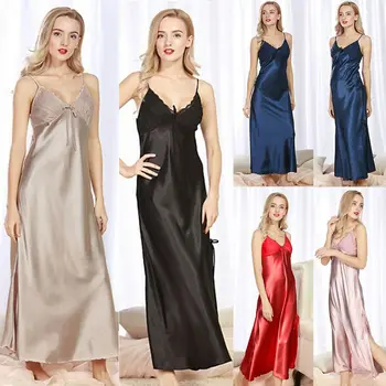 2019 Nové Sexy Ženy, Saténové, Hodvábne Nightgowns bez Rukávov tvaru Sleepshirts Sleepwear Nightdress Bielizeň Noc Dlhé Šaty