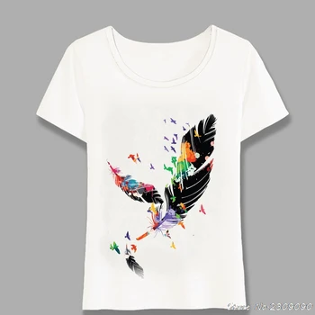 Farba Splash Dslr Fotoaparát S Lietajúce Vtáky Mier Znak T-Shirt Ženy t-shirt Dúhový Dážď Umenie Bežné Topy Dievča Tees Harajuku