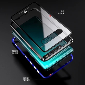 Plnú ochranu Magnetických Flip puzdro Pre Samsung Galaxy s rezacím zariadením S10 S10 Plus S10E Kovový Rám +Transparentné, Tvrdené Sklo Zadný Kryt