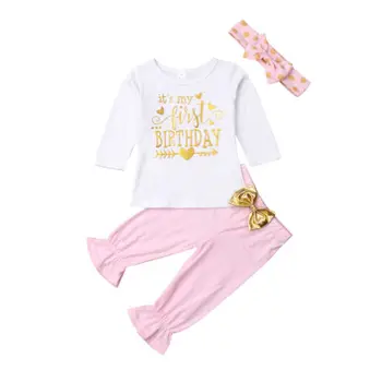 Dieťa Dievča Narodeniny Odevov T-shirt Top Nohavice hlavový most Oblečenie Set pre Novorodenca Dievča Dojčenská Deti Oblečenie Dieťa Oblečenie