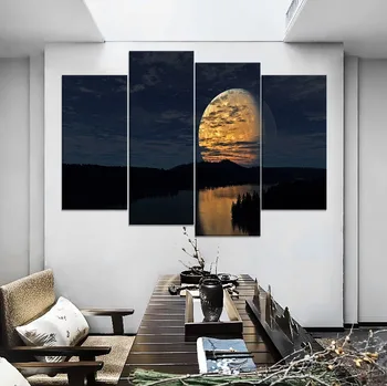 Nočnú Oblohu Moon Lake Odraz Maľovanie Na Moderné Plátna, Typ Tlače 3 Modulárny Panel Štýl Noc Krajinný Obraz Dekor Wall Art