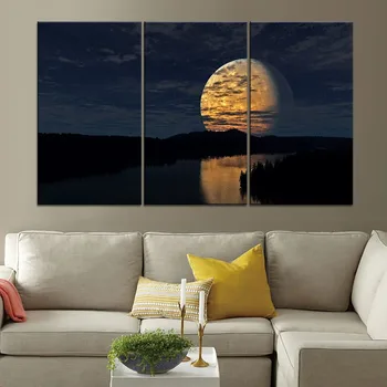 Nočnú Oblohu Moon Lake Odraz Maľovanie Na Moderné Plátna, Typ Tlače 3 Modulárny Panel Štýl Noc Krajinný Obraz Dekor Wall Art