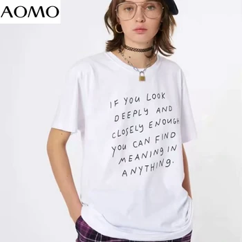 AOMO ženy list, tlač bavlna 2020 tričko krátky rukáv O krk tees dámy bežné tee tričko street wear top 2M20A