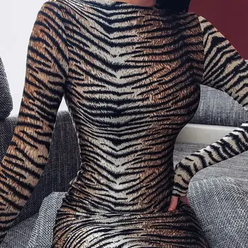 Dámske Dlhé Rukávy Turtleneck Sexy Bodycon Midi Dlhé Šaty Zvierat Leopard Pruhy Vytlačené Ríše Pás Koktail Clubwear