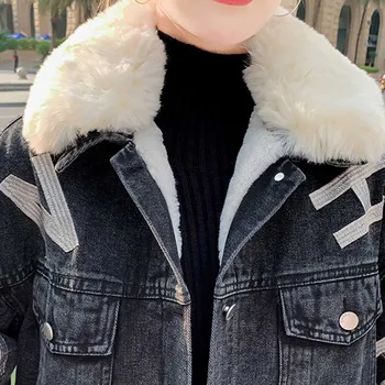 2020 Žena Zimné Denim Jacket kórejský Nové Vyšívané Voľné Džínsové Bundy dámske Golier Králik Hrubé Fleece Bavlna Kabát Lady