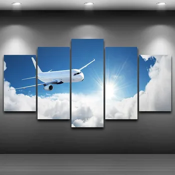 Maliarske plátno HD Tlačené Steny v Obývacej Izbe Umenia 5 Kusov Lietadiel Lietanie S Cloud Plagát Domova Modrej Oblohe Lietadlo Obrázky