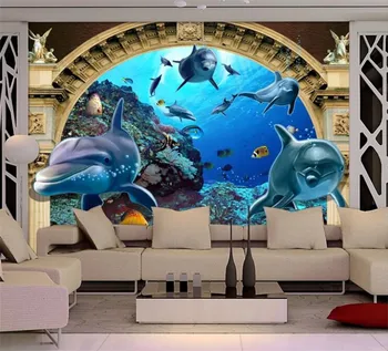 3D Stereoskopické Podmorský Svet Dolphin Ríme Stĺpec Foto nástennú maľbu, Tapety Deti, Spálne, Obývacia Izba TV Pozadie Abstraktných De Parede 3D