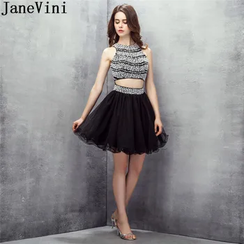 JaneVini 2 Peice Krátky Návrat Domov Šaty Perly Sequined Tylu Otvorte Zadný Čierny Prom Party Šaty Vestido Graduacion Plus Veľkosť