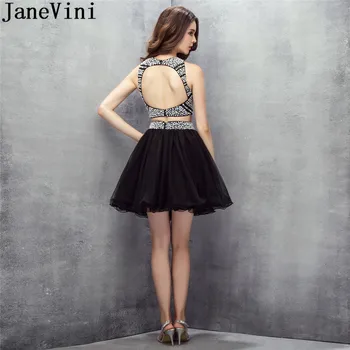 JaneVini 2 Peice Krátky Návrat Domov Šaty Perly Sequined Tylu Otvorte Zadný Čierny Prom Party Šaty Vestido Graduacion Plus Veľkosť