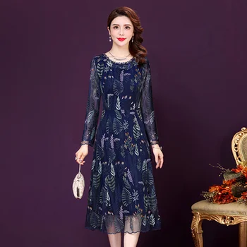 Jeseň Nové Veľké Veľkosti Čipky Šaty Žien Office Lady Print Plus Veľkosť Vestidos Elegantes Dámske Modré Šaty Party Šaty