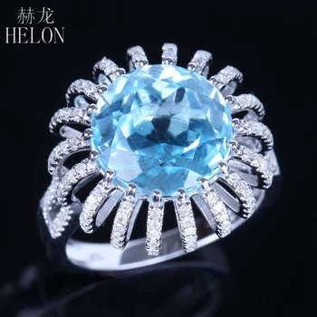 HELON Pevné 10K Biele Zlato Bezchybný Kolo 7.4 ct Prírodné Blue Topaz Reálne, Diamanty, Zásnubný snubný Prsteň Ženy Jedinečné Šperky