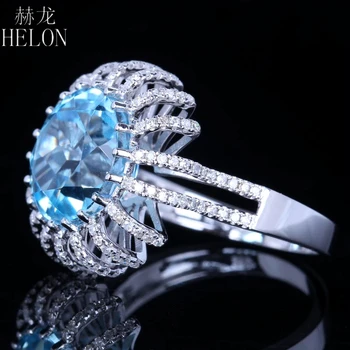HELON Pevné 10K Biele Zlato Bezchybný Kolo 7.4 ct Prírodné Blue Topaz Reálne, Diamanty, Zásnubný snubný Prsteň Ženy Jedinečné Šperky