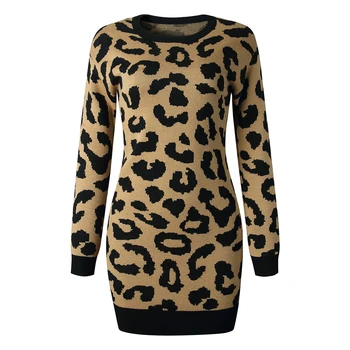 Ženy Móda Jeseň Zima Sveter S Dlhým Rukávom Mini Bodycon Sveter Šaty Leopard Tlač Pletený Pulóver Teplé Oblečenie Pre Ženy