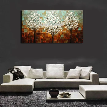 Frameless Ručne maľované Abstraktnú olejomaľbu moderné Hrubé olej Nôž biela stromov na Plátne, Obrazy na stenu Umenie Domova