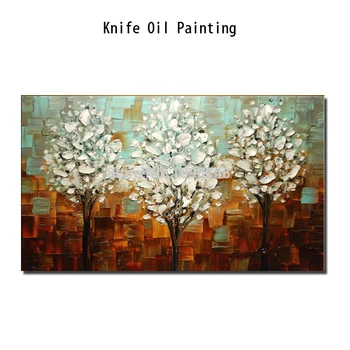 Frameless Ručne maľované Abstraktnú olejomaľbu moderné Hrubé olej Nôž biela stromov na Plátne, Obrazy na stenu Umenie Domova