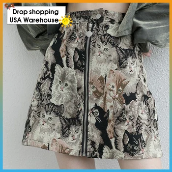 Ženy-line sukne žakárové výšivky mačka tlače sukne jar a v lete žena sladké a čerstvé taška hip sukne s vysokým pásom v pohode