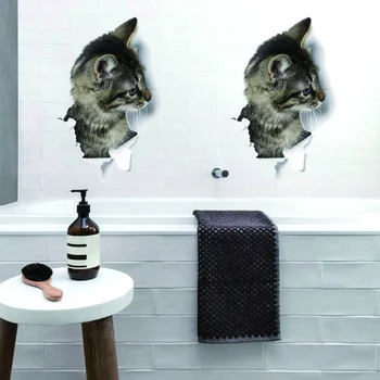 SK7 Otvor Zobraziť Mačka 3D Nálepky na Stenu Kúpeľne, Wc, detská Izba Dekorácie Stenu-Nálepky Chladnička Nepremokavé Plagát