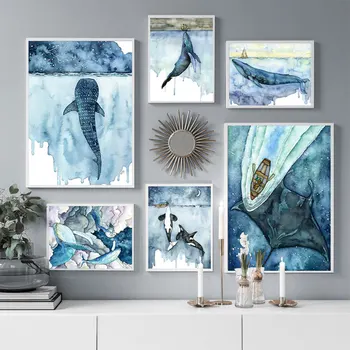 Akvarel Morských Živočíchov Plagáty, Nordic Štýl Veľryba Plátno na Maľovanie a Tlačí na Steny Umenie Obrázok pre Obývacia Izba Domova