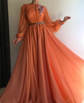 Orange Dlhé Rukávy Šiat Prom 2020 Ženy Formálnej Strany Noc Vestidos Šifón Appliques Elegantný Župan A-Line Dlhé Večerné Šaty