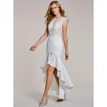 Dressv asymetrie večerné šaty biele appliques spp rukávmi šaty žien strany lopatka krku korálkové morská víla formálne večerné šaty