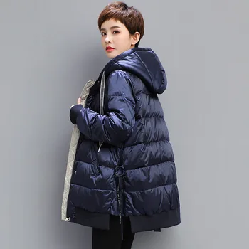 Lesklé voľné nosenie nadol bunda s kapucňou ženy zahusťovanie teplé stredne dlhý dole kabát vrchné oblečenie nové 2019 jeseň zima plus veľkosť