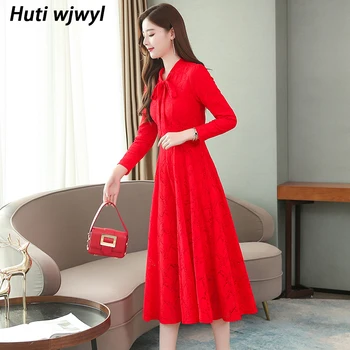 2020 Plus Veľkosť Pevných Čipky Elegantné Midi Šaty Jeseň Zima Vintage Sexy Červené Šaty Elegantné Ženy Bodycon Strany Dráhy Maxi Vestido