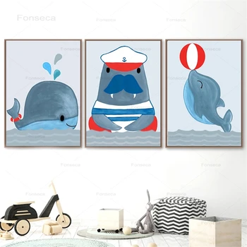 Cartoon Námorník Lachtan Dolphin Medveď Wall Art Plátno Na Maľovanie Nordic Plagáty A Vytlačí Zvierat Obrazov Na Stenu Pre Deti Izba Dekor
