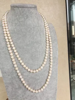 Svadobné Ženy 925 Sterling reálne Taihu prírodné sladkovodné perly sveter reťazca 8-9mm kolo biely náhrdelník dlhšie