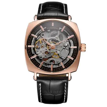 FORSINING SLEDUJTE Fashion ležérne pánske hodinky rose gold námestí case black dial a koženým remienkom automatické mechanické hodinky