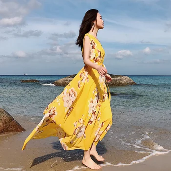 TingYiLi Boho Ženy Šaty v Lete Dovolenku na Pláži Šaty tvaru bez Rukávov kórejský Kvetinový Tlač Žltá, Fialová, Červená Maxi Šaty