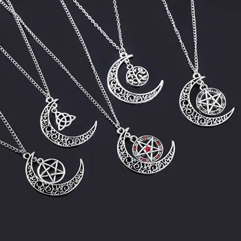 Nadprirodzené Náhrdelníky Pentagram Ochrany Polmesiaca Polovica-Moon Star Amulet Náhrdelník Prívesok pre Ženy, Mužov, Šperky Darček
