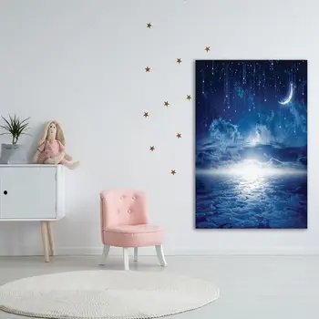 Gobelín Nový Mesiac, Hviezdy, Oblaky Žiariace Horizont Astrológia Prírody Mystrical Snový Scenérie Umenie Vytlačené Modrá Biele