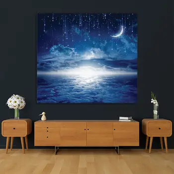 Gobelín Nový Mesiac, Hviezdy, Oblaky Žiariace Horizont Astrológia Prírody Mystrical Snový Scenérie Umenie Vytlačené Modrá Biele