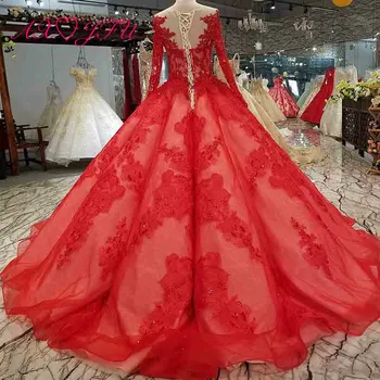 AXJFU luxusné princezná lištovanie crystal red čipky o krk nevesta iskrivý ilúzie nevesta ruže kvet dlhý rukáv svadobné šaty 0014