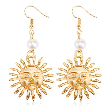 Usmievavá Tvár Sun Flower Simulované Perla Strieborné Pozlátené Zlaté Visieť Náušnice Ženy Drop Náušnice