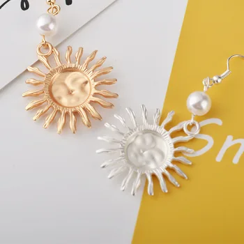 Usmievavá Tvár Sun Flower Simulované Perla Strieborné Pozlátené Zlaté Visieť Náušnice Ženy Drop Náušnice