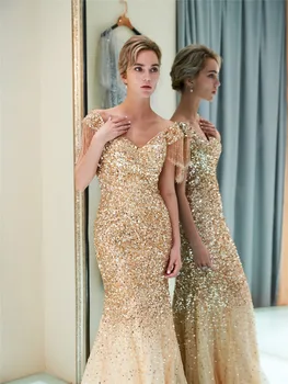 JaneVini 2018 Luxusné Zlata V Krku Dlho Bridesmaid, Šaty Sweep Vlak Iskru Sequined Lištovanie Tylu Morská Víla Formálne Prom Šaty
