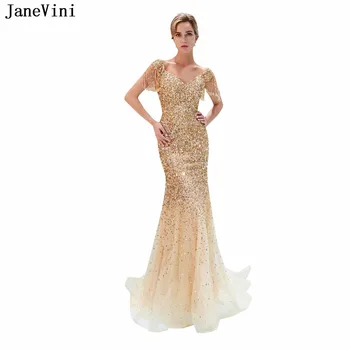JaneVini 2018 Luxusné Zlata V Krku Dlho Bridesmaid, Šaty Sweep Vlak Iskru Sequined Lištovanie Tylu Morská Víla Formálne Prom Šaty