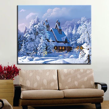 Moderný Obraz Číslo Výkresu Zimnom Lese Dom Budovy, Umelecké Diela Obrázok Pre Obývacia Izba Jedinečné Darčeky Domáce Dekorácie Na Stenu