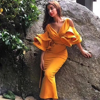 INDRESSME 2019 Ženy, Žltá Prehrabať Motýľ Krátky Rukáv Šaty Letné tvaru Vestidos Celebrity Party Šaty Midi Šaty Club