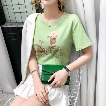 Letné Módy Nové Diamanty Krátky Rukáv TshirtsKorean Ženy Oblečenie Slim O Krk Tlač Biele tričko Žena Bežné Topy 2020