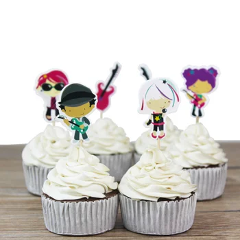 48Pcs Krásne Rock and roll Gitaru hudby Strany cupcake mulčovače vyberá dekorácie pre deti narodeninovej party láskavosti Dekorácie