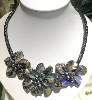 3 Čiernej farby Kvetov Klasické Šperky prírodné perly ručné shell prívesok Ženy náhrdelník 45 cm 18