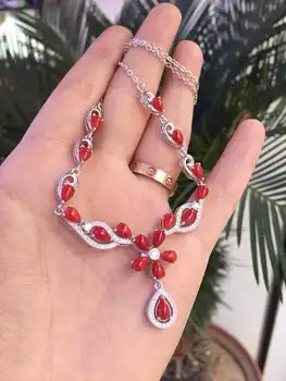 Vernosť prírodných 4*6 mm červený korál prívesok Náhrdelníky s925 šterlingov strieborné kvety ušľachtilý jemné šperky pre ženy naturalgemstone