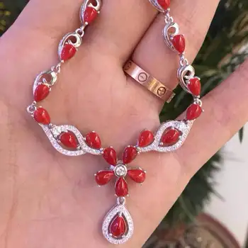 Vernosť prírodných 4*6 mm červený korál prívesok Náhrdelníky s925 šterlingov strieborné kvety ušľachtilý jemné šperky pre ženy naturalgemstone